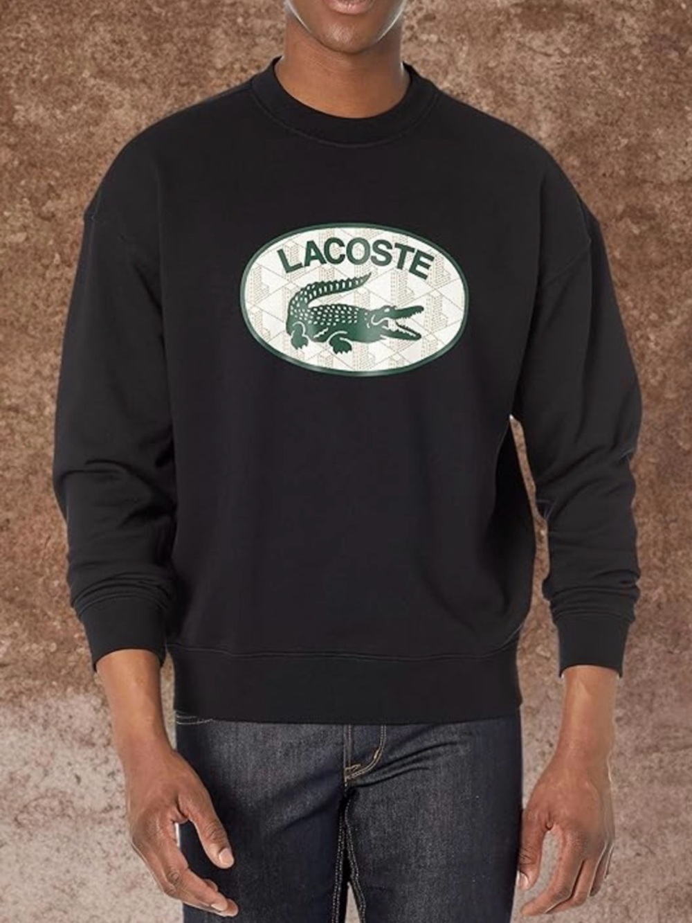 Lacoste Black Crewneck Sweatshirt with Green Logo Patch